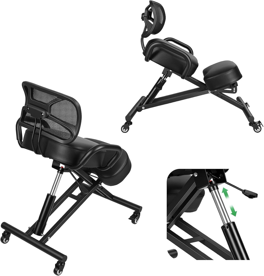 Ergonomic Kneeling Chair with Back Support, Height Adjustable Kneeling Office Chair with Wheels, Posture Correction Desk Chair for Home Office, Study, Computer Work, Supports Up to 220 lbs