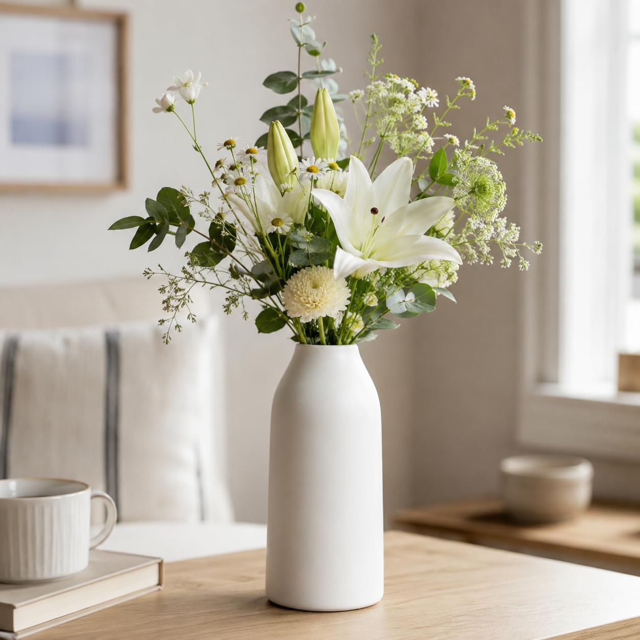 hjn 12 Inch White Ceramic Vase for Flowers, Matte Tall Modern Vase for Decor Minimalist Flower Vase for Home Decor Living Room Tabletop Centerpiece