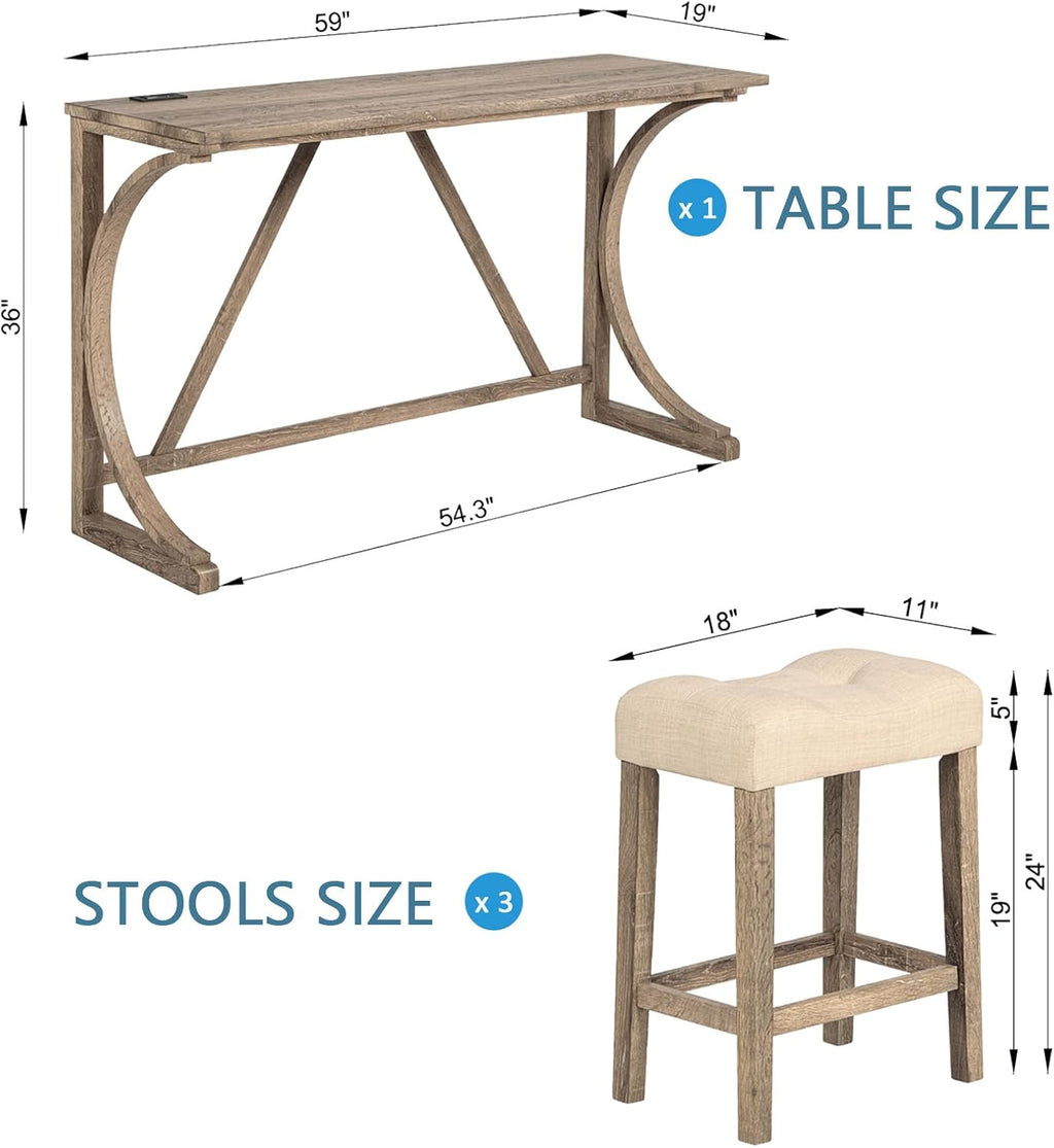Holaki Bar Table and Chairs Set,4 Piece Console Table with Power Outlet, Counter Height Bar Table Set with 3 Padded Chairs, Industrial Breakfast Table Set for Living Room Dining Room(Yellow+Brown)