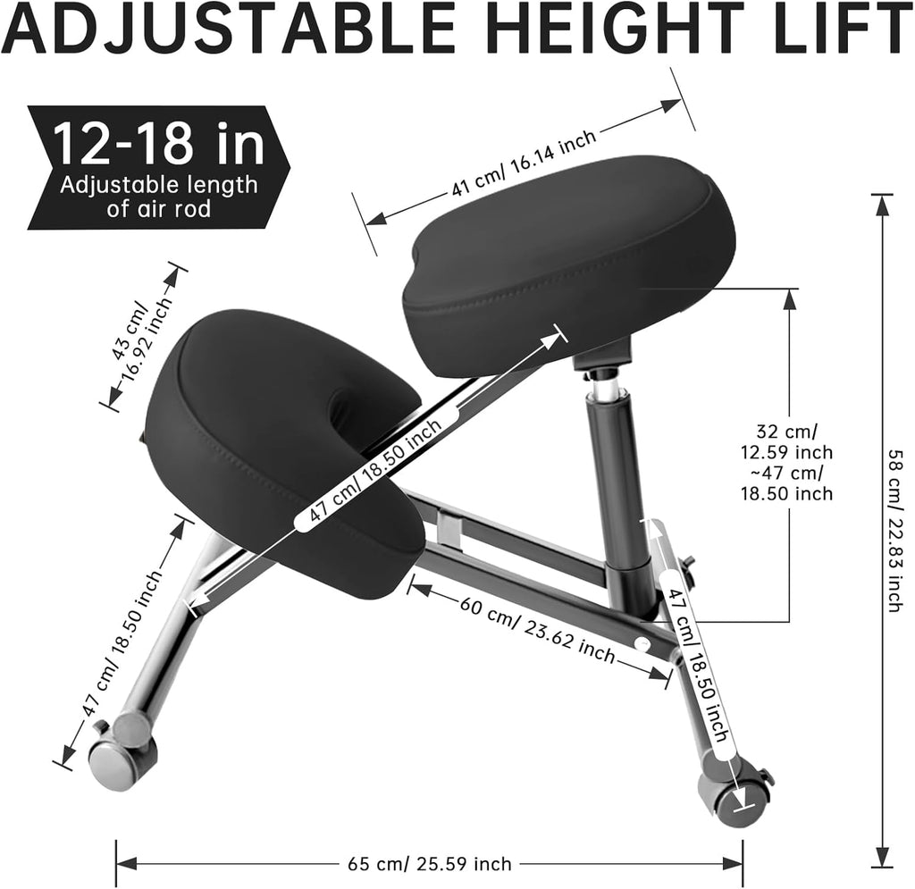 PU Leather Ergonomic Kneeling Chair, Adjustable Home and Office Stool with Thick Pads and Flexible Lockable Brake Wheels for Back Pain Relief (Dark Black)
