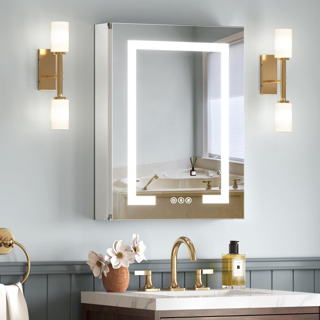 Lighted Medicine Cabinet with Mirror, Plug-in or Hardwired, Anti-Fog/3 Colors/Dimmable, AL Alloy, 2 Outlets & USBs, ETL Listed, Wall Mount or Recessed Bathroom Medicine Cabinet, 20x26 Inch