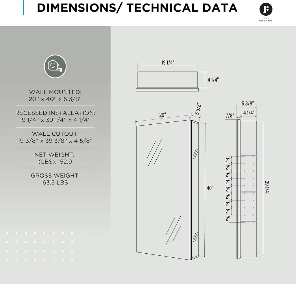 Fine Fixtures Bathroom Medicine Cabinet, Aluminum, Recessed/Surface Mount, Right/Left Hinged, Mirrored Interior (20 x 40)