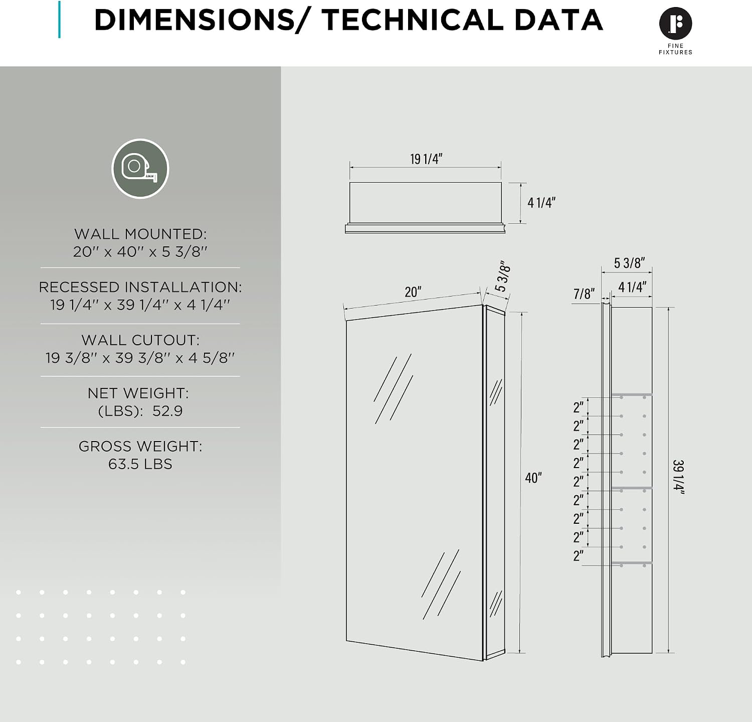 Fine Fixtures Bathroom Medicine Cabinet, Aluminum, Recessed/Surface Mount, Right/Left Hinged, Mirrored Interior (20 x 40)