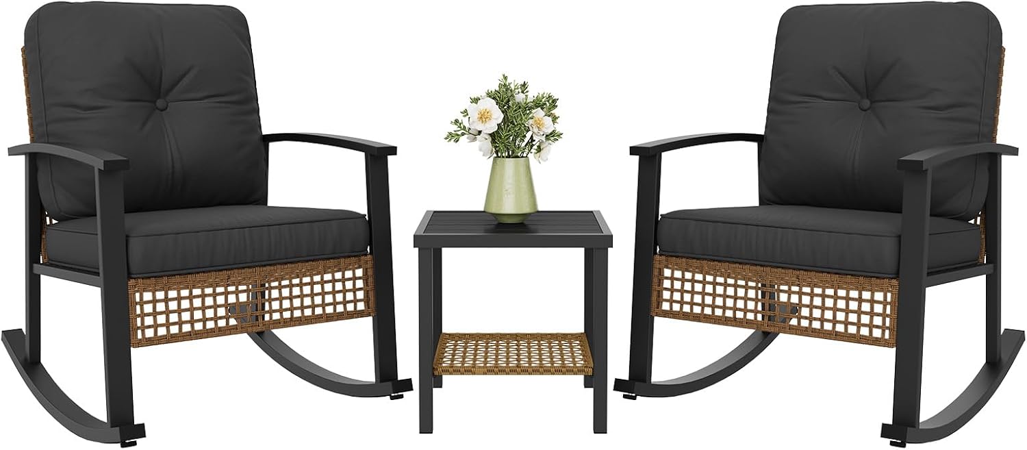 Aoxun 3 Piece Outdoor Rocking Chairs Bistro Set, Rattan Patio Furniture with Thick Cushions & 2-Tier Coffee Table, Patio Rocking Chairs Set of 2 for Garden, Porch, Balcony Black
