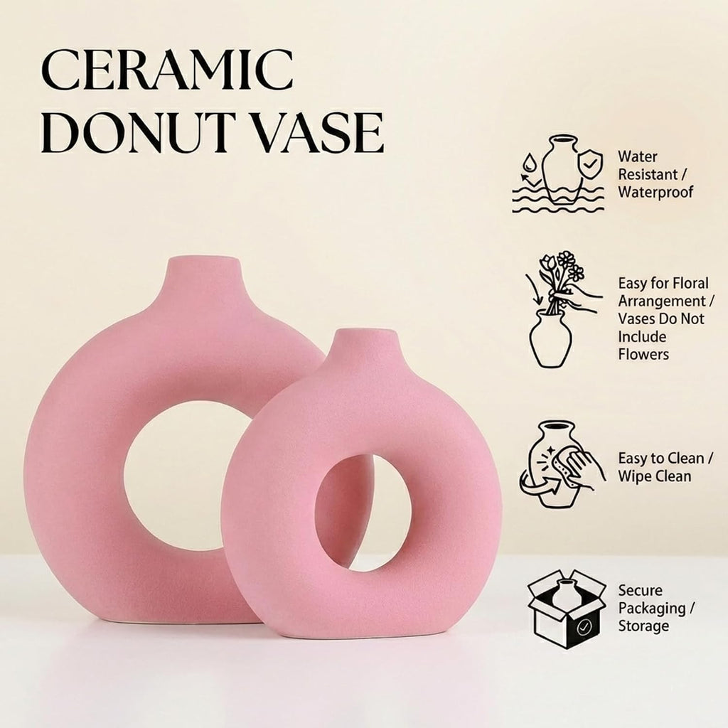 Pink Vase Decor Donut Vase Set of 2 - Circle Hollow Vases, Modern Matte Ceramic Vases for Entryway Living Room Bedroom Dining Table Centerpiece Office Home Decor