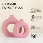 Pink Vase Decor Donut Vase Set of 2 - Circle Hollow Vases, Modern Matte Ceramic Vases for Entryway Living Room Bedroom Dining Table Centerpiece Office Home Decor