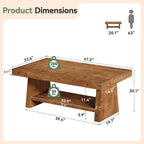 Solid Wood Coffee Table, 47-Inch Farmhouse Wooden Coffee Table for Living Room, 2-Tier Rectangular Center Table with Storage for Apartment, Home Office, Dark Brown
