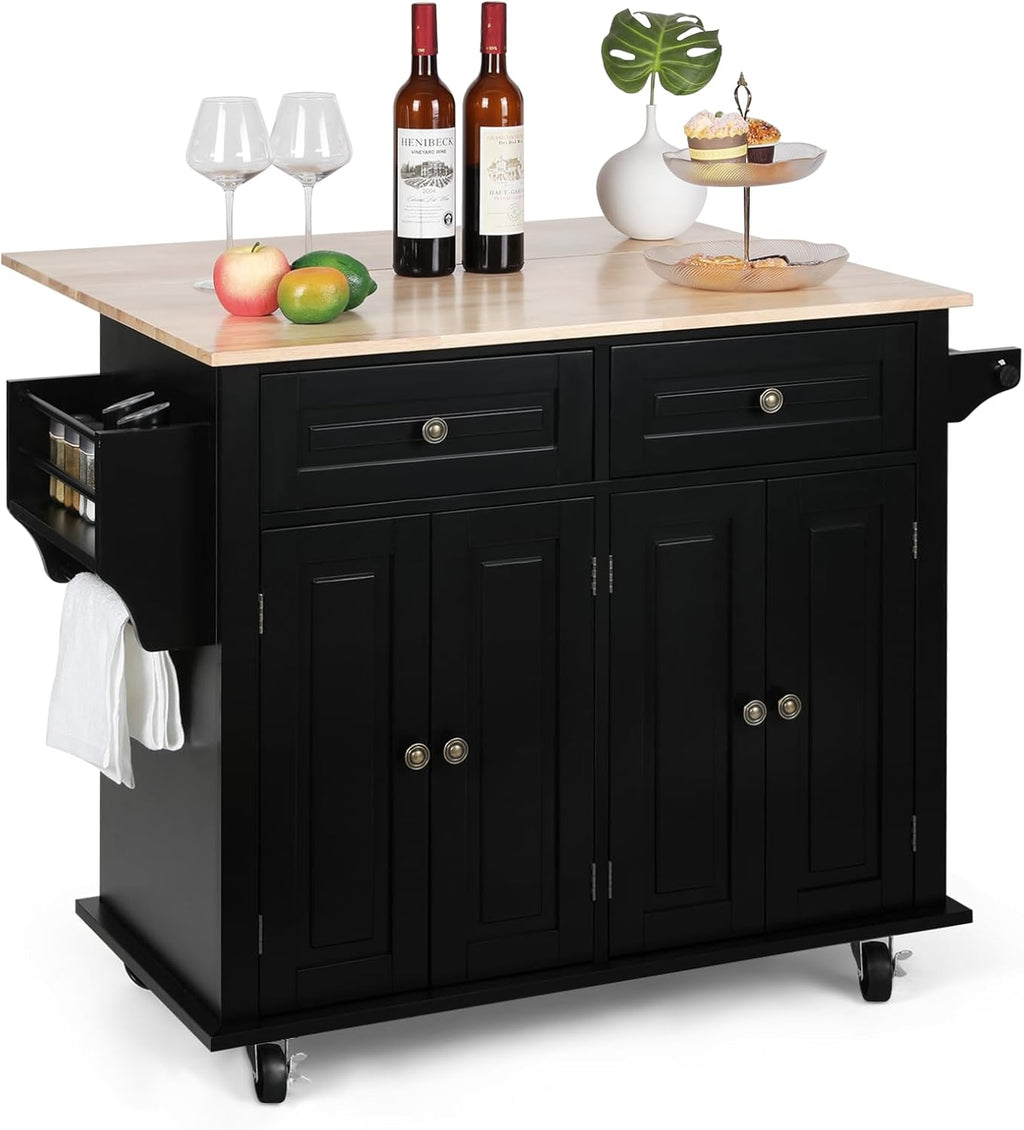 VOWNER 43" W Kitchen Island with Drop Leaf, Rolling Kitchen Island with Drawers, Portable Island Kitchen with Storage, Butcher Block Kitchen Cart with Spice Rack & Towel Rack (Black)