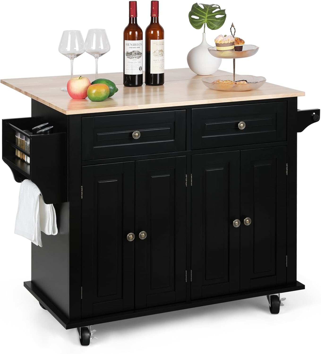 VOWNER 43" W Kitchen Island with Drop Leaf, Rolling Kitchen Island with Drawers, Portable Island Kitchen with Storage, Butcher Block Kitchen Cart with Spice Rack & Towel Rack (Black)