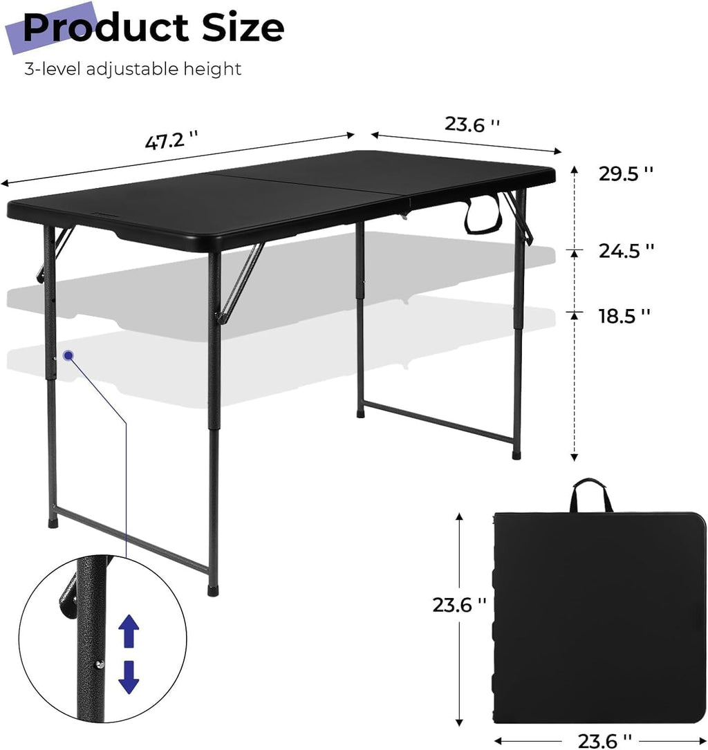 4FT Folding Table Heavy Duty 350 LBS, 3 Adjustable Heights Fold-in-Half Portable Table with HDPE Waterproof Top for Camping, Party, Craft, Card Game - Coffee Table to Dining Height, Indoor Outdoor