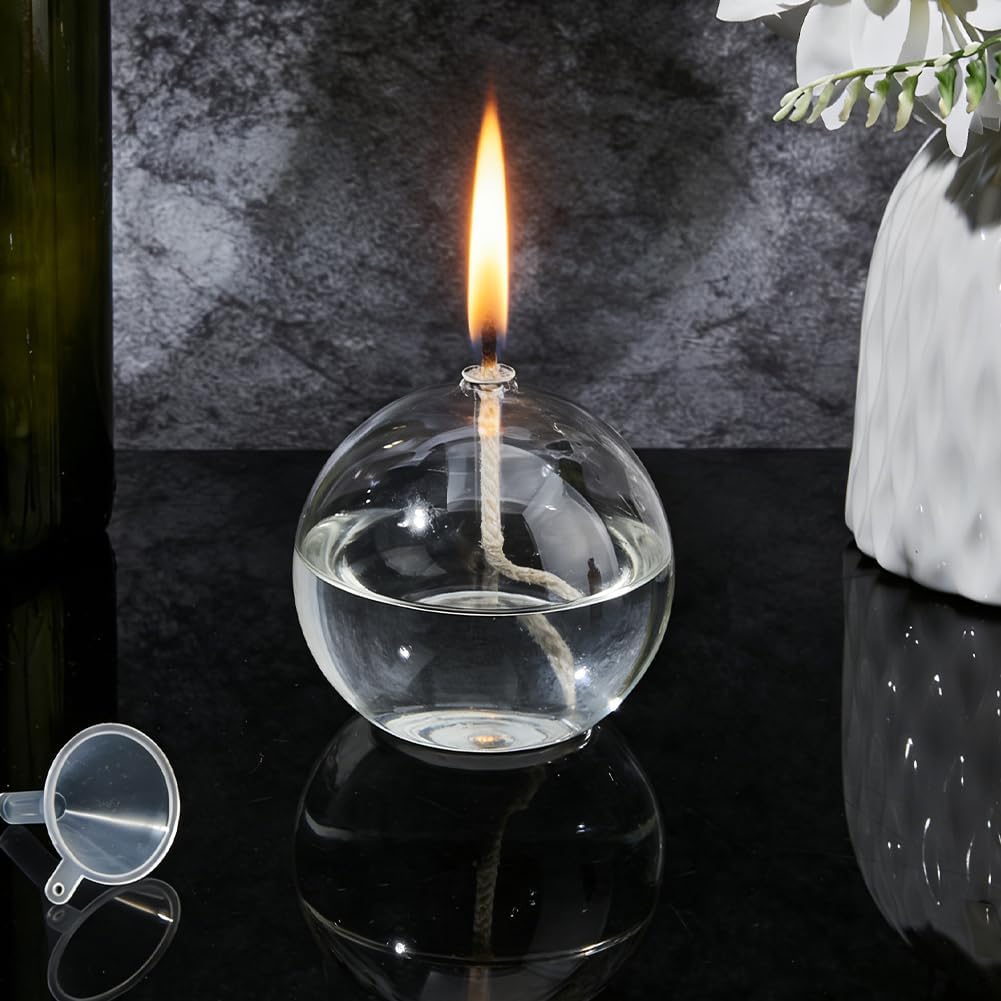 SUPERFINDINGS 2 Sets Clear Glass Oil Lamp Round Refillable Liquid Petite Oil lamp 8 x 7.4 cm Burning with Wick and Holder Included for Indoor Lighting and Outdoor Events
