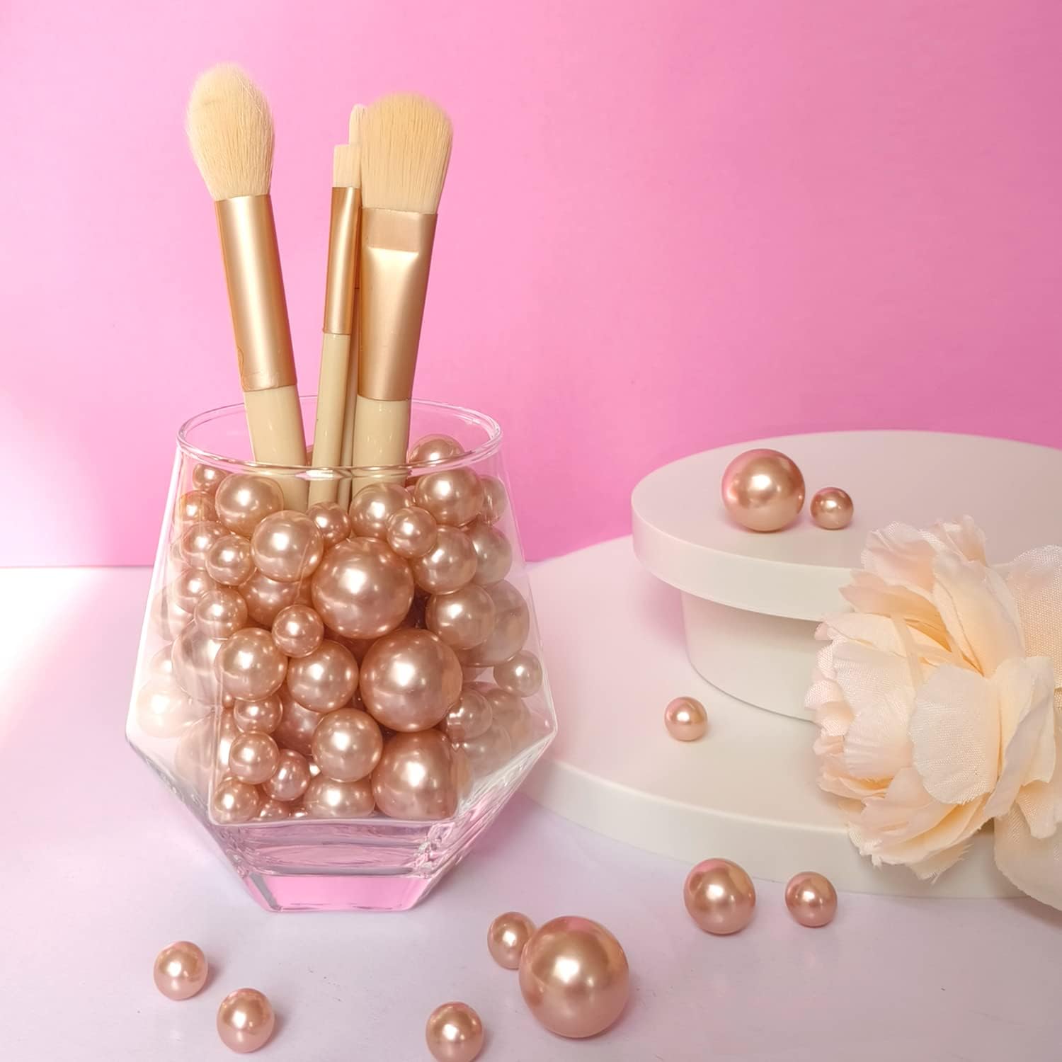 Pearl Beads for Vase Filler 160 Pieces No Hole Makeup Pearls Beads for Brushes Holder for Home Wedding Christmas Decor, 10/14/20mm(Rose Gold)