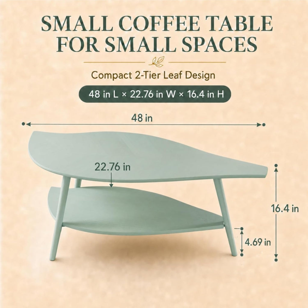 Small Coffee Table with Storage,Unique Leaf Handcrafted Marquetry,Mid Century Modern Oval Wooden Coffee Table,Natural Oak Veneer,Solid Wood Legs,for Living Room,Apartment(Sage Green)