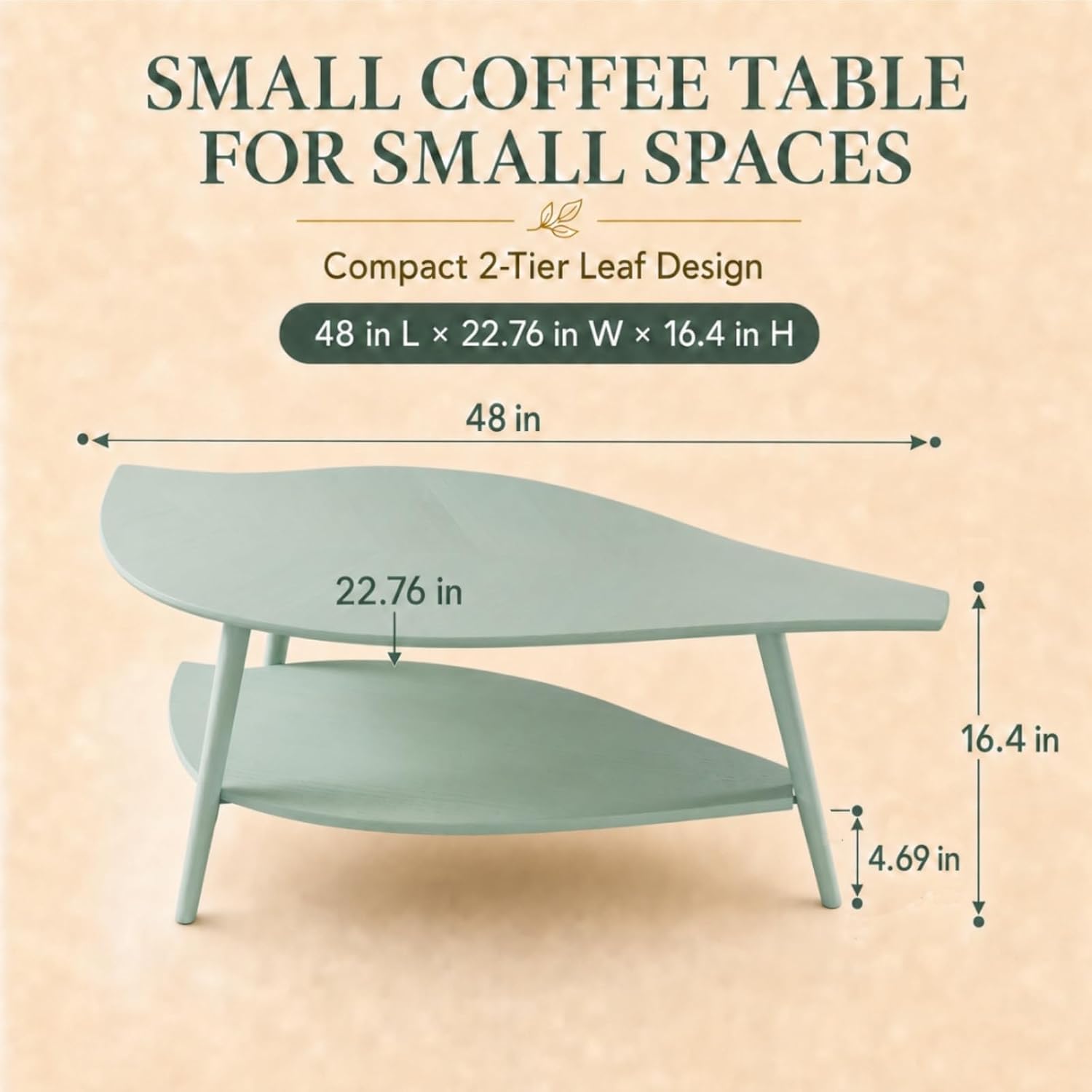 Small Coffee Table with Storage,Unique Leaf Handcrafted Marquetry,Mid Century Modern Oval Wooden Coffee Table,Natural Oak Veneer,Solid Wood Legs,for Living Room,Apartment(Sage Green)