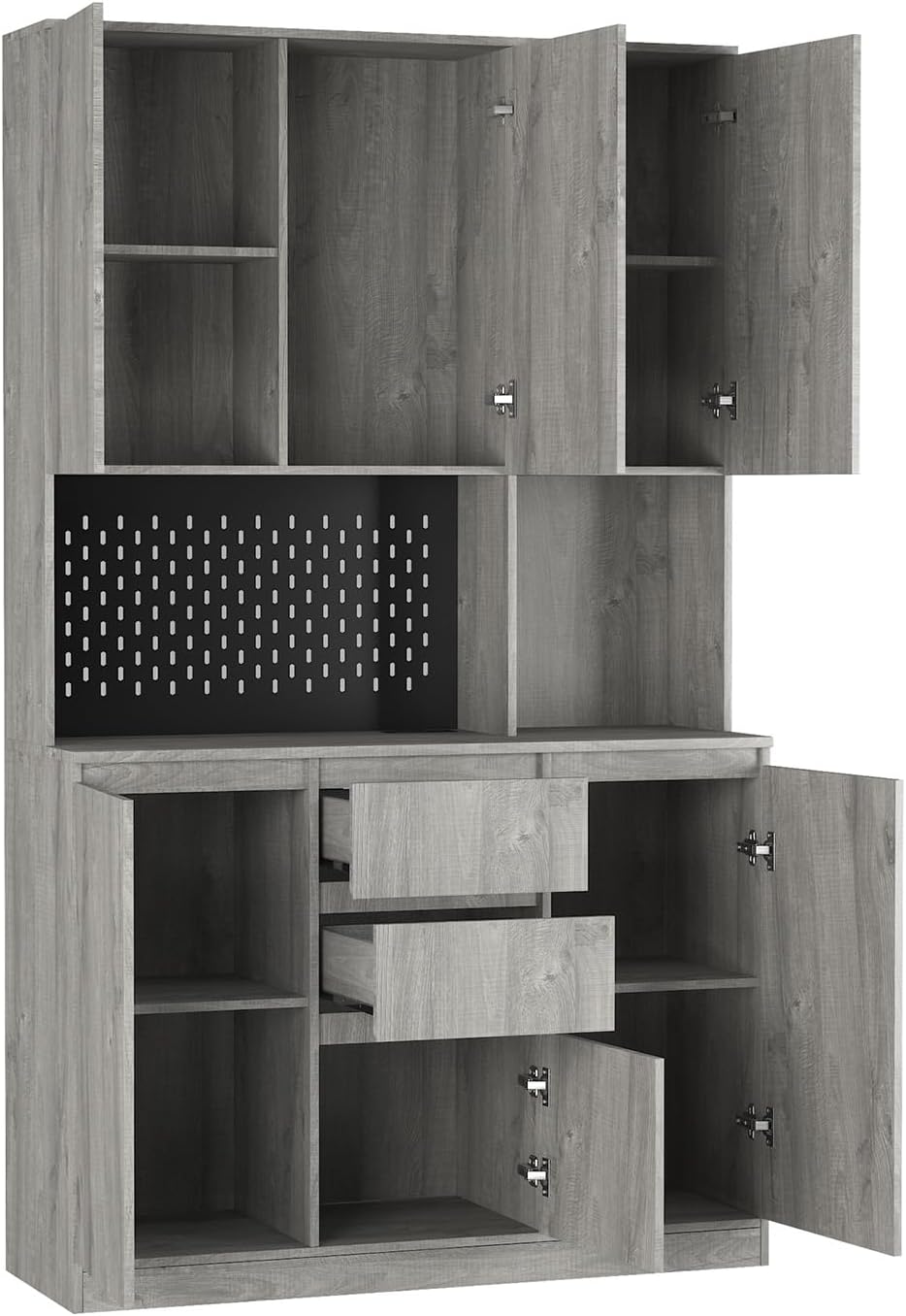 74 Inch Freestanding Kitchen Pantry Cabinet, Wooden Cutlery Storage Cabinet with Charging Station, LED Light for Kitchen, Dining Room and Living Room (Gray)