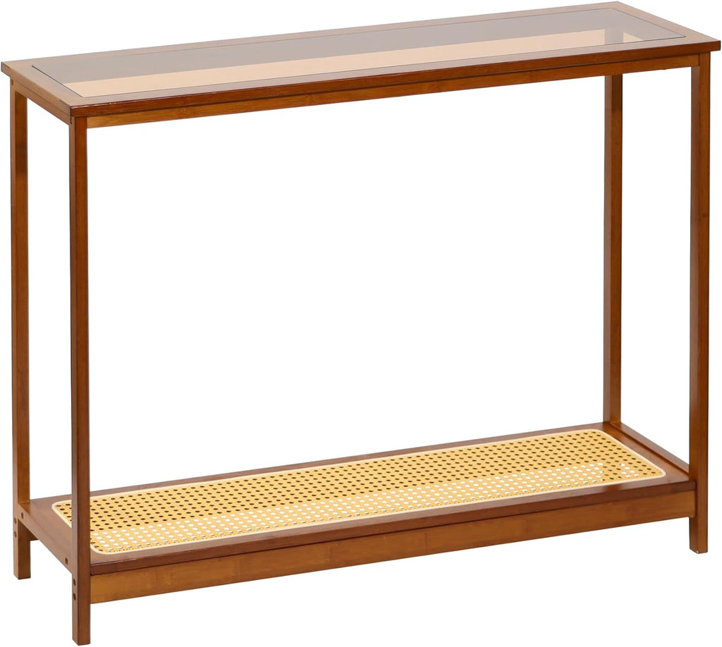 Bamboo Narrow Console Table, 39.4"(L) Wood Small Entryway Table with Rattan and Glass, Accent Slim Hallway Tables, Thin Sofa Side Tables for Hallway, Living Room, Bedroom, Foyer, Walnut