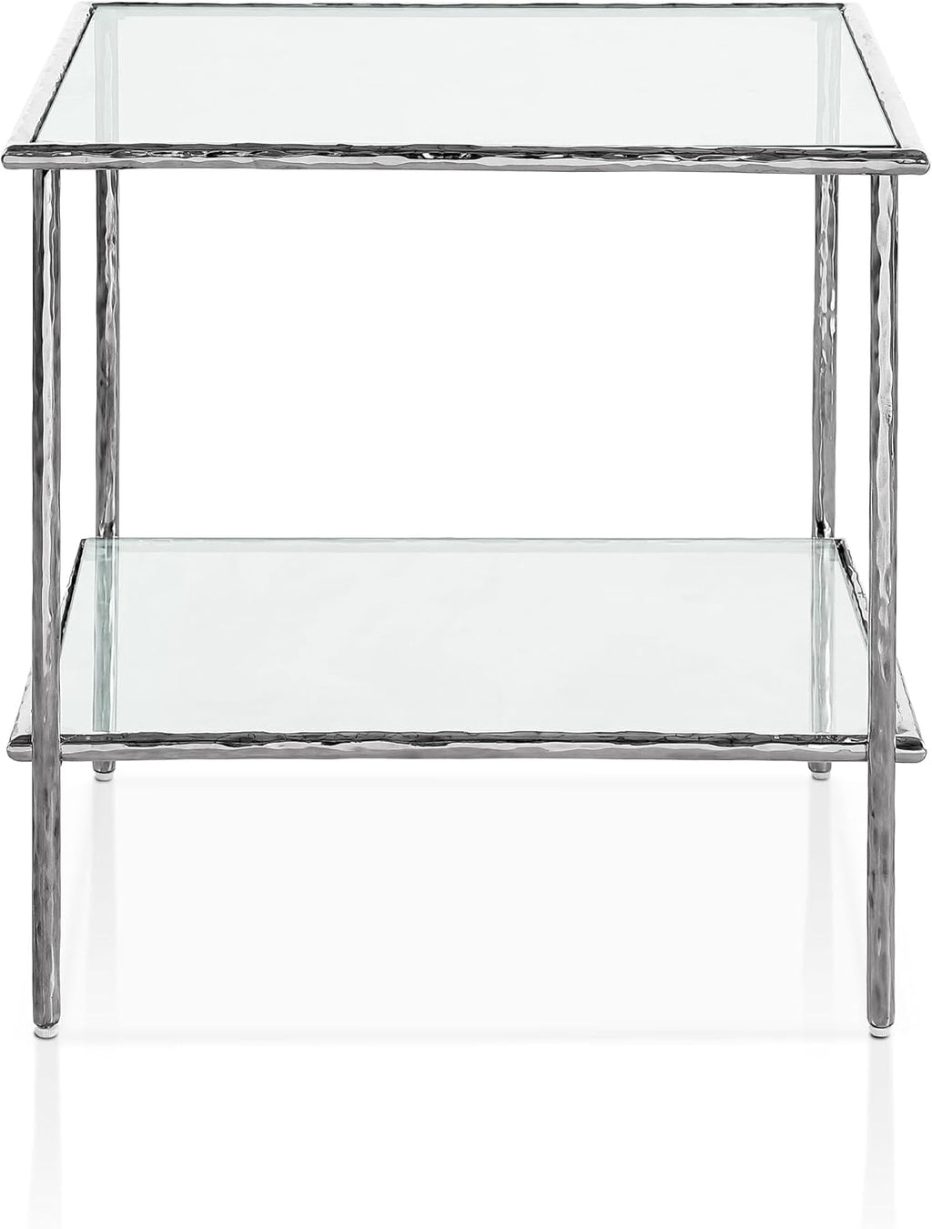 Furniture of America Zayen Glam 24-inch Metal Side Table with Tempered Glass Tabletop and Open Shelf, Hammered Stainless Steel Frame for Bedroom, Living Room, Home Office, Silver