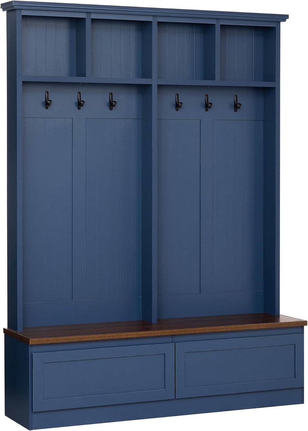 Farmhouse 4-in-1 Hall Tree with Storage Bench, Mudroom Coat Rack with 2 Drawers, Entryway Organizer with Hooks and Shelves, Blue, 55.9 Inch Wide