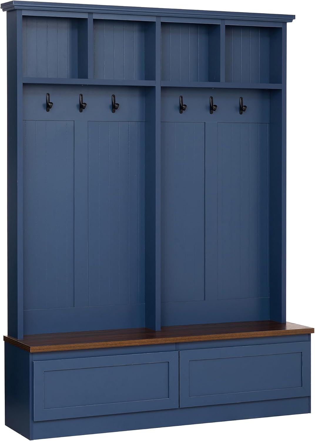 Farmhouse 4-in-1 Hall Tree with Storage Bench, Mudroom Coat Rack with 2 Drawers, Entryway Organizer with Hooks and Shelves, Blue, 55.9 Inch Wide