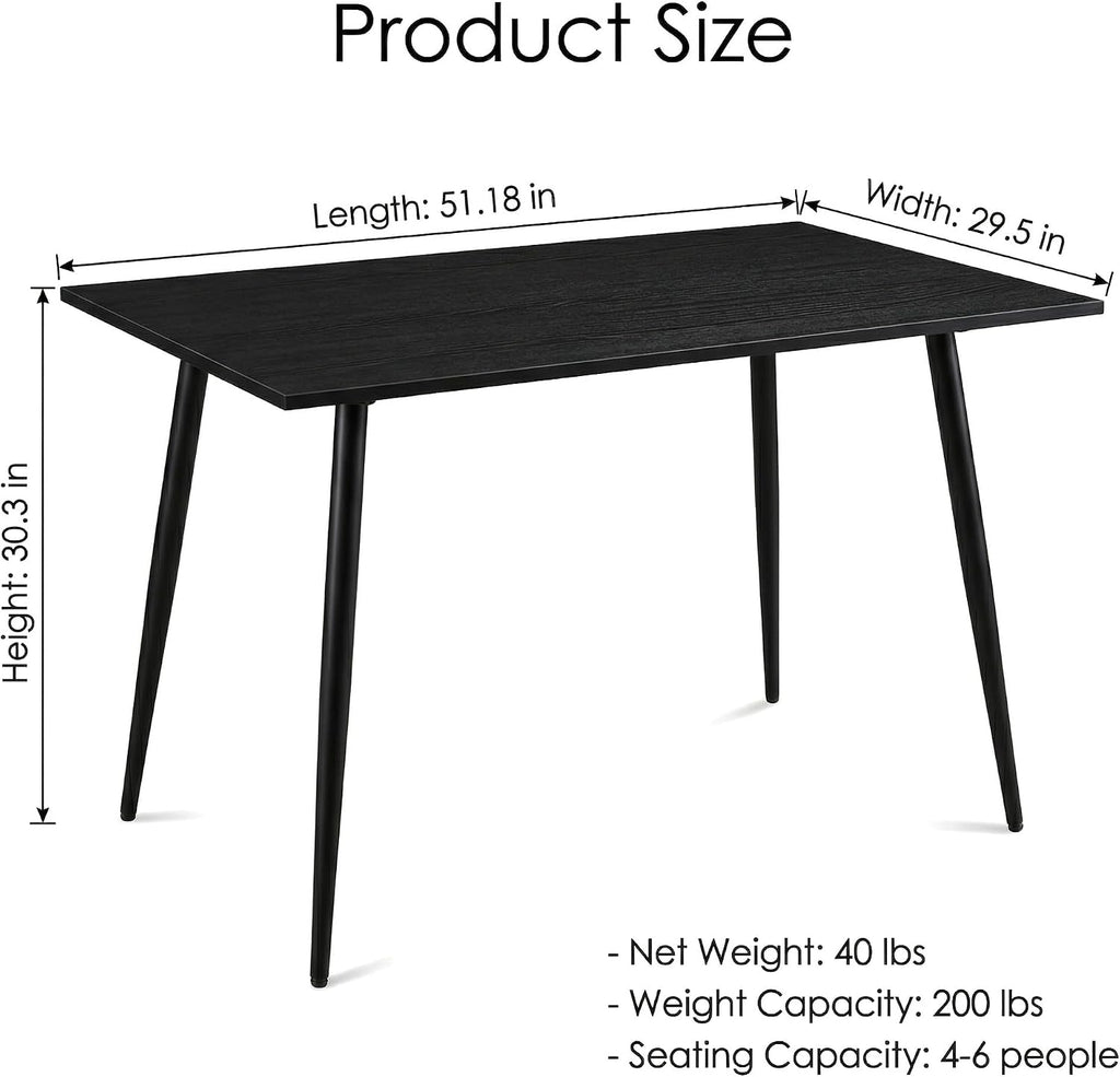 IDS Home Black Wood Dining Table 51 Inch, Rectangular Kitchen Table with Metal Iron Frame, Modern Wood Grain Table for Small Space Apartment
