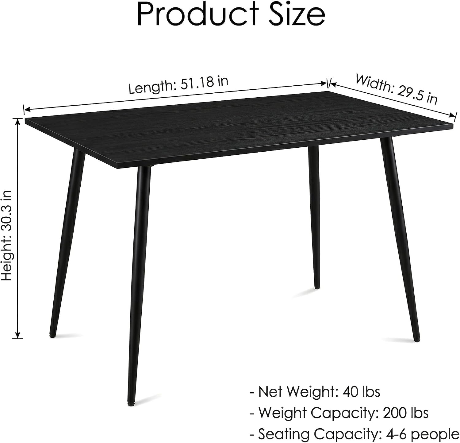 IDS Home Black Wood Dining Table 51 Inch, Rectangular Kitchen Table with Metal Iron Frame, Modern Wood Grain Table for Small Space Apartment