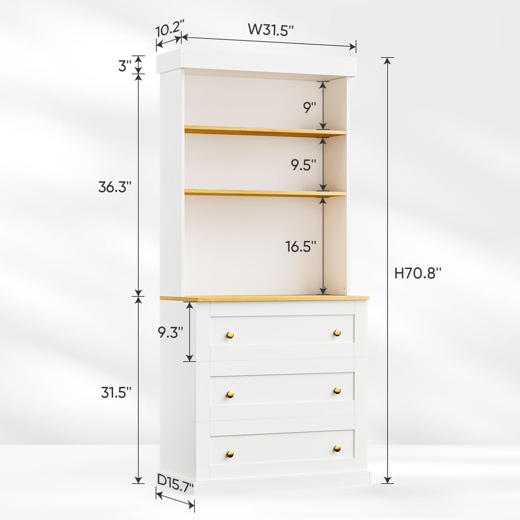 71" Tall Modular Farmhouse Bookcase with Drawers,Expandable Wooden Storage Cabinets for Home Office and Study Room，White
