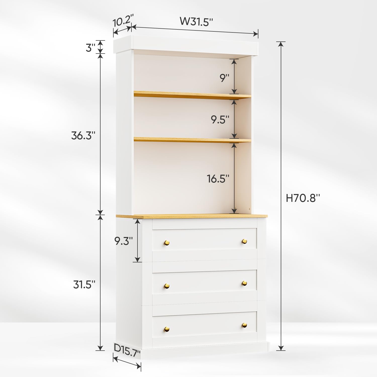 71" Tall Modular Farmhouse Bookcase with Drawers,Expandable Wooden Storage Cabinets for Home Office and Study Room，White