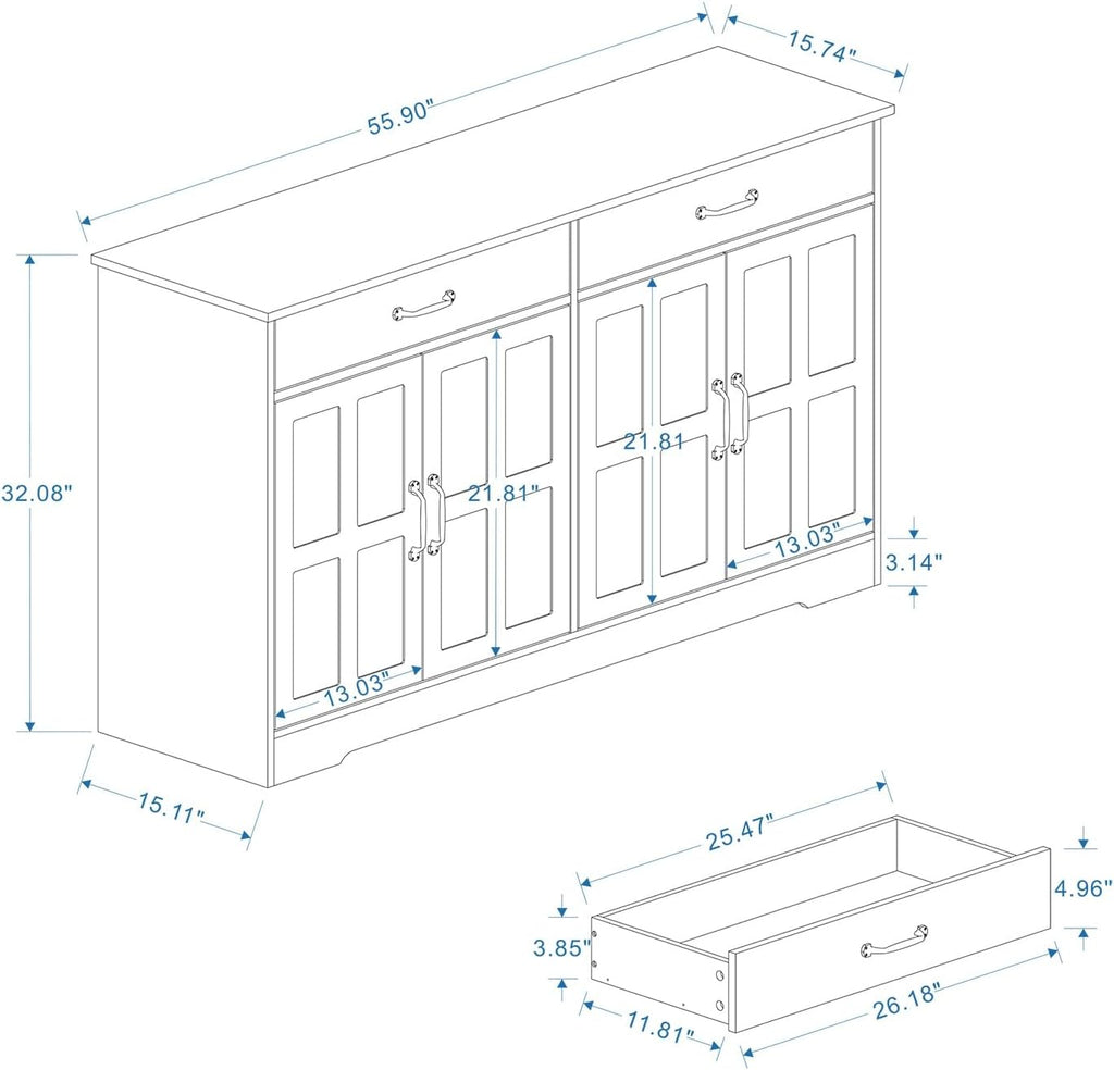 Large Farmhouse Buffet Cabinet Storage Sideboard, with 2 Drawers and 4 Doors, for Dining Living Room Kitchen,for Kitchen Home