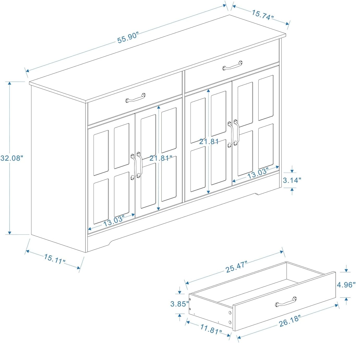Large Farmhouse Buffet Cabinet Storage Sideboard, with 2 Drawers and 4 Doors, for Dining Living Room Kitchen,for Kitchen Home