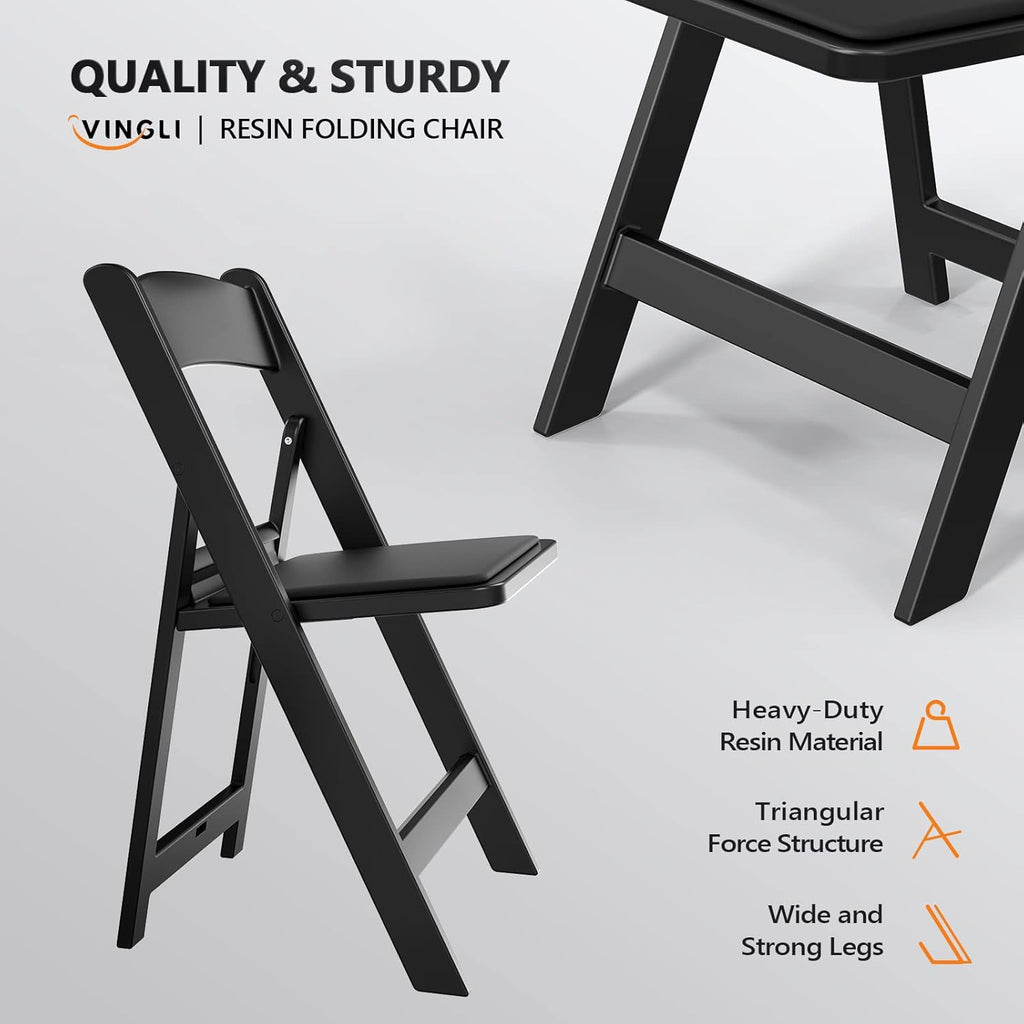 FCH Plastic Folding Chair with Padded Seat, Resin Foldable Chairs with Soft Cushion, Comfortable and Sturdy, Suitable for Indoor and Outdoor, Parties, Weddings, Commercial Events, Black, 4 Pack
