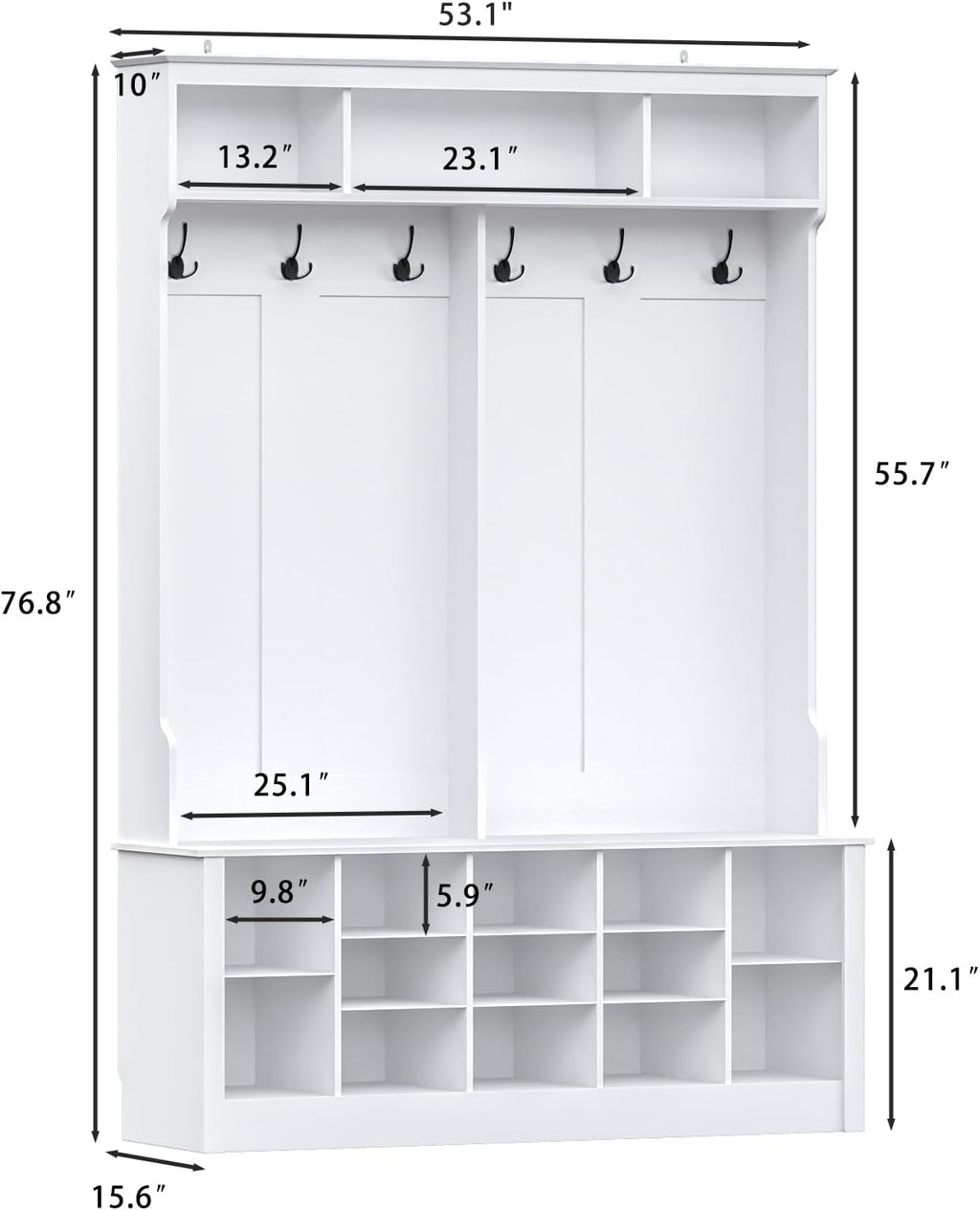 Wodeer Hall Tree with Bench and Shoe Storage, 53" Farmhouse 4-in-1 Mudroom Storage Organizer with Coat Rack, 6 Hooks, 12 Shoe Cubbies, Adjustable Shelf, for Entryway, Hallway, Living Room, White