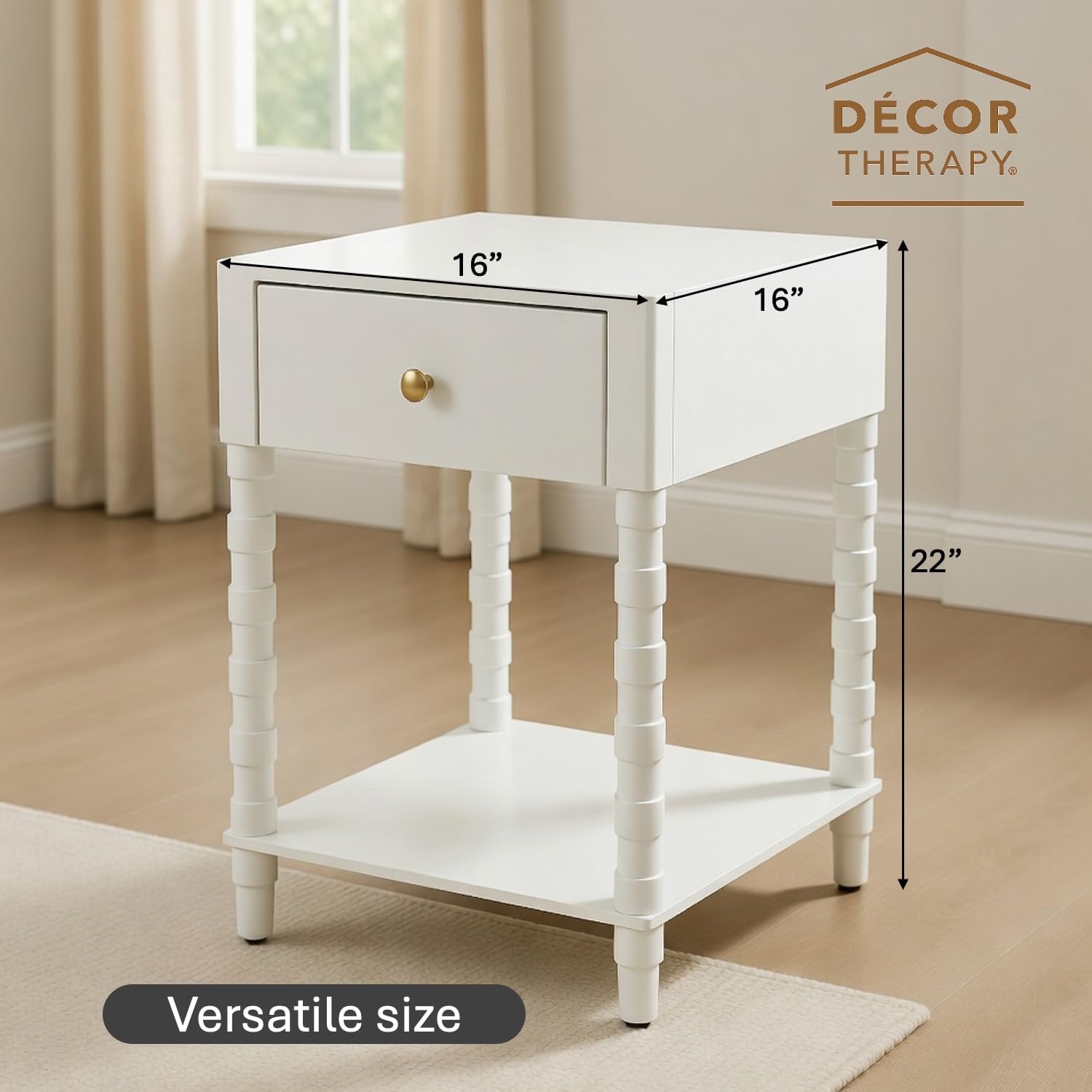 Decor Therapy Sterling Modern Side Table with Storage Drawer, Lower Shelf, Contemporary Legs End Table for Living Room, White