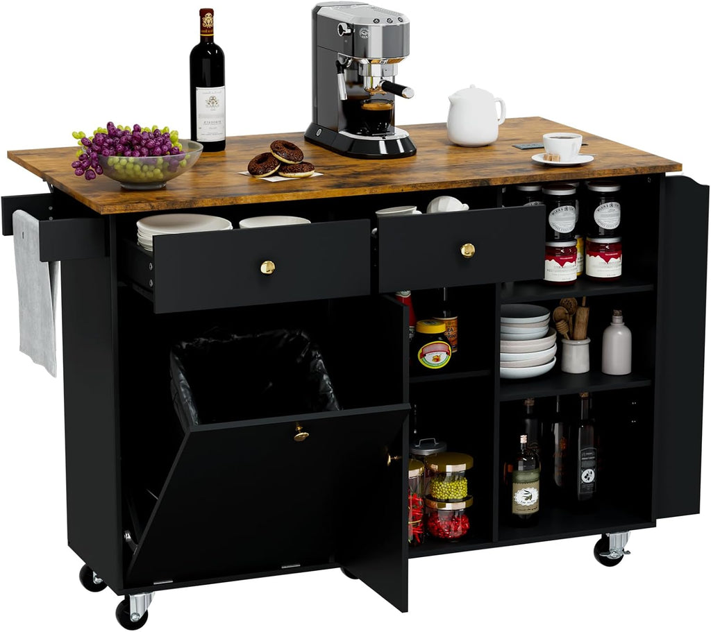 50.4" Kitchen Island with Storage,Rolling Kitchen Table with Power Outlet, Kitchen Island Cart with Folding Drop Leaf, Trash Storage Cabinet, Spice Rack, Towel Rack and Drawer-Black