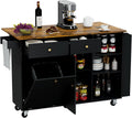 50.4" Kitchen Island with Storage,Rolling Kitchen Table with Power Outlet, Kitchen Island Cart with Folding Drop Leaf, Trash Storage Cabinet, Spice Rack, Towel Rack and Drawer-Black