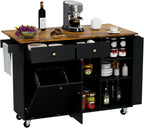 50.4" Kitchen Island with Storage,Rolling Kitchen Table with Power Outlet, Kitchen Island Cart with Folding Drop Leaf, Trash Storage Cabinet, Spice Rack, Towel Rack and Drawer-Black