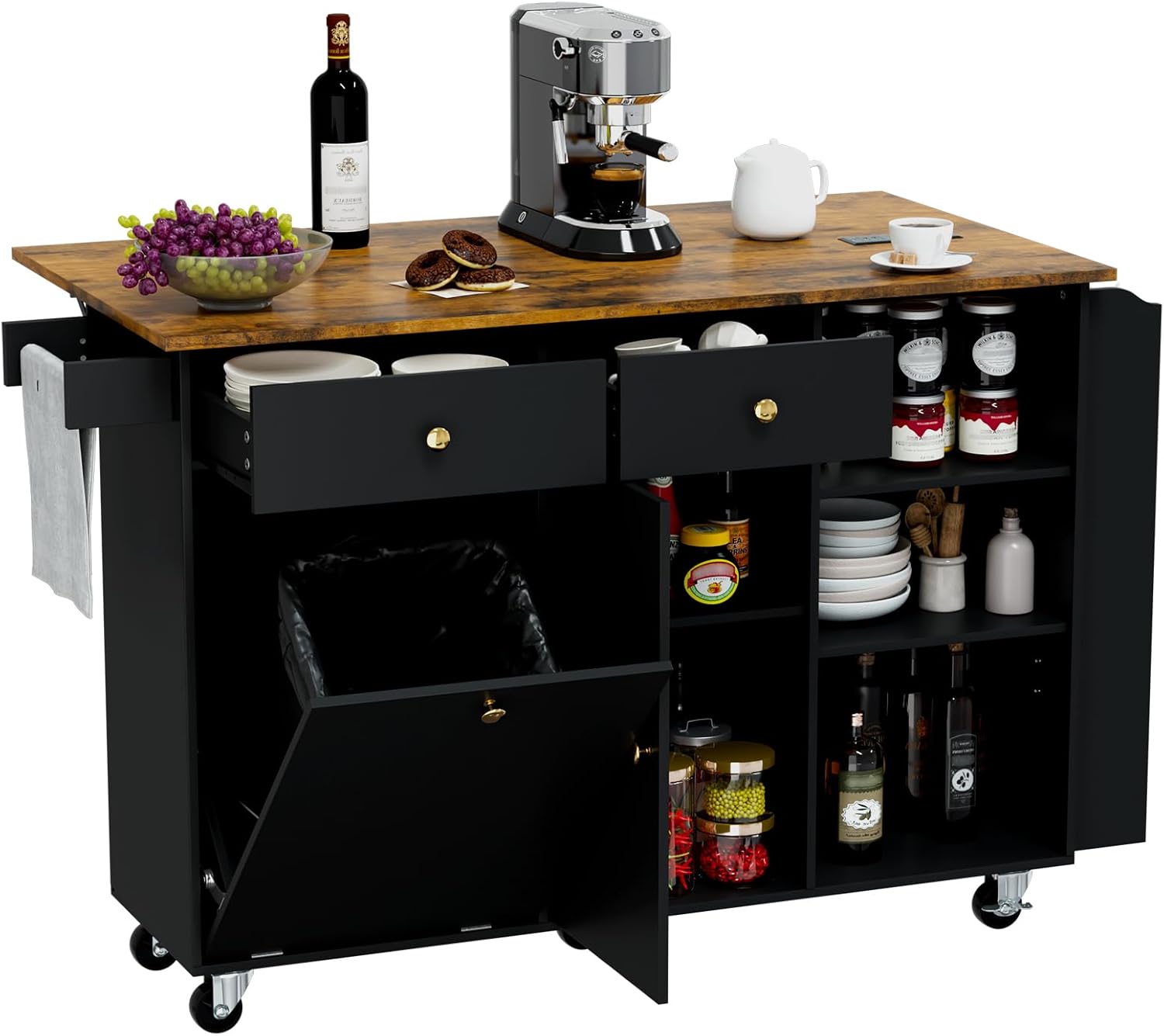 50.4" Kitchen Island with Storage,Rolling Kitchen Table with Power Outlet, Kitchen Island Cart with Folding Drop Leaf, Trash Storage Cabinet, Spice Rack, Towel Rack and Drawer-Black