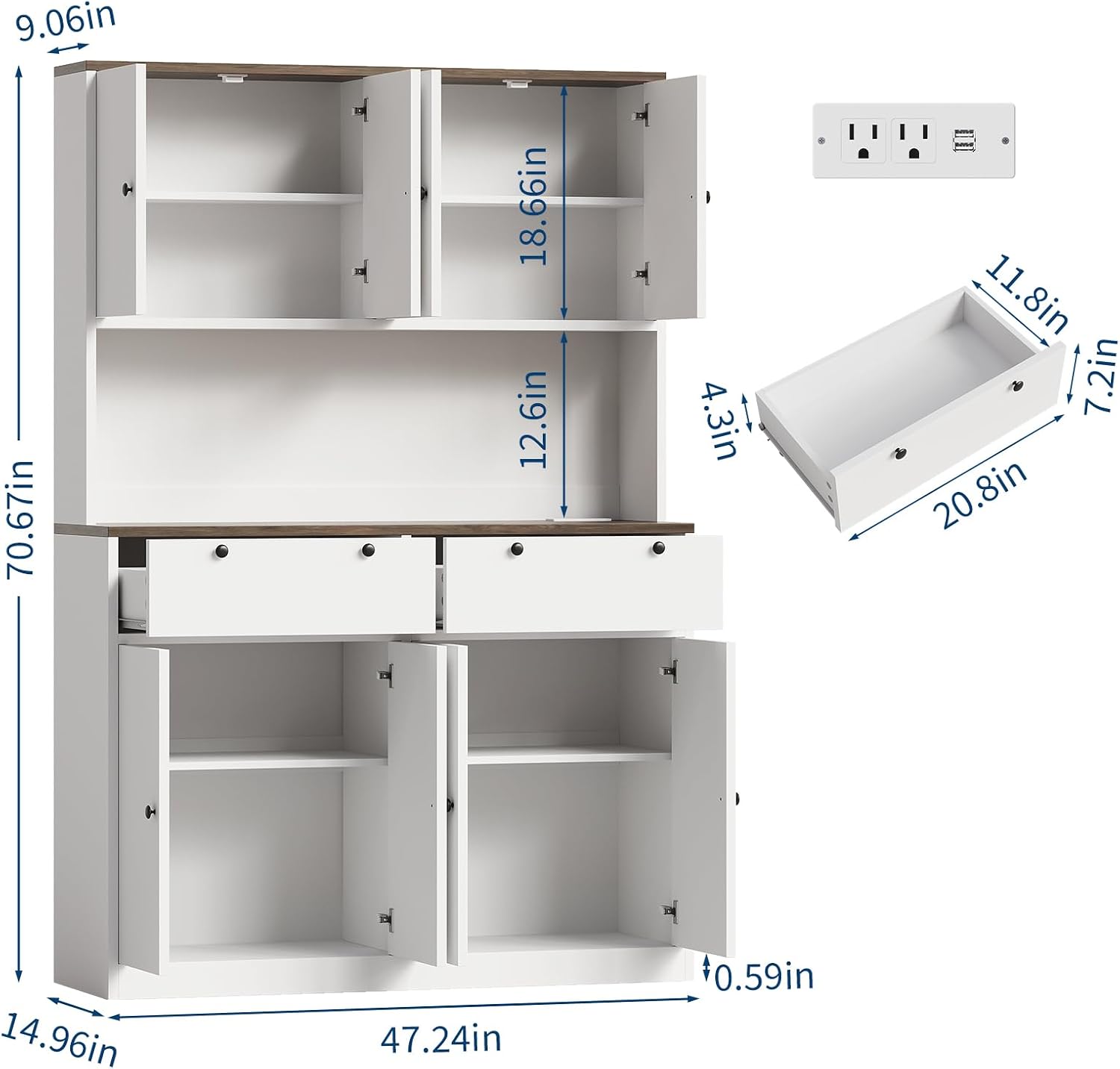 GarveeHome 71" Tall Kitchen Pantry Cabinet with Charing Station | 2 Drawers, 47" w Kitchen Pantry Storage Cabinet with Countertop, Food Hutch with Microwave Stand for Dining Room Living Room
