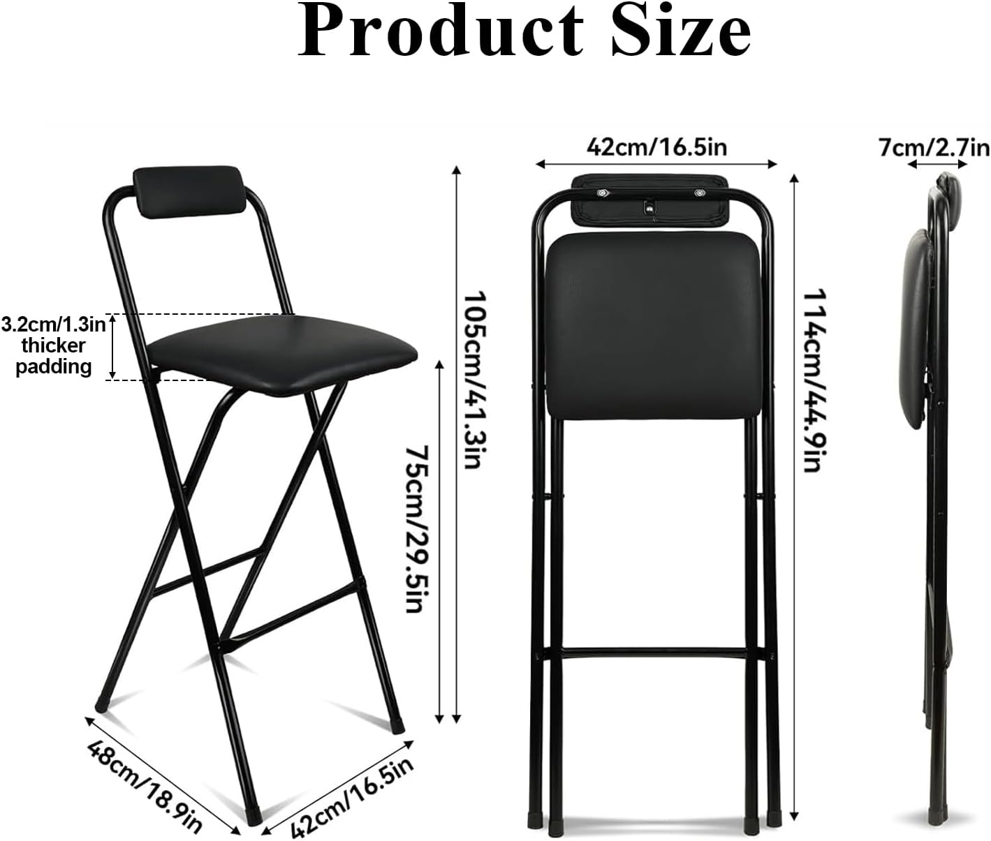 Folding Stool with Back,1Pcs Height for Kitchen Counter & Bar Table, Tall Foldable Stool Chair Portable Adult Seat Leather Padded Kitchen Shop Comfortable and Sturdy 29.5 Inch