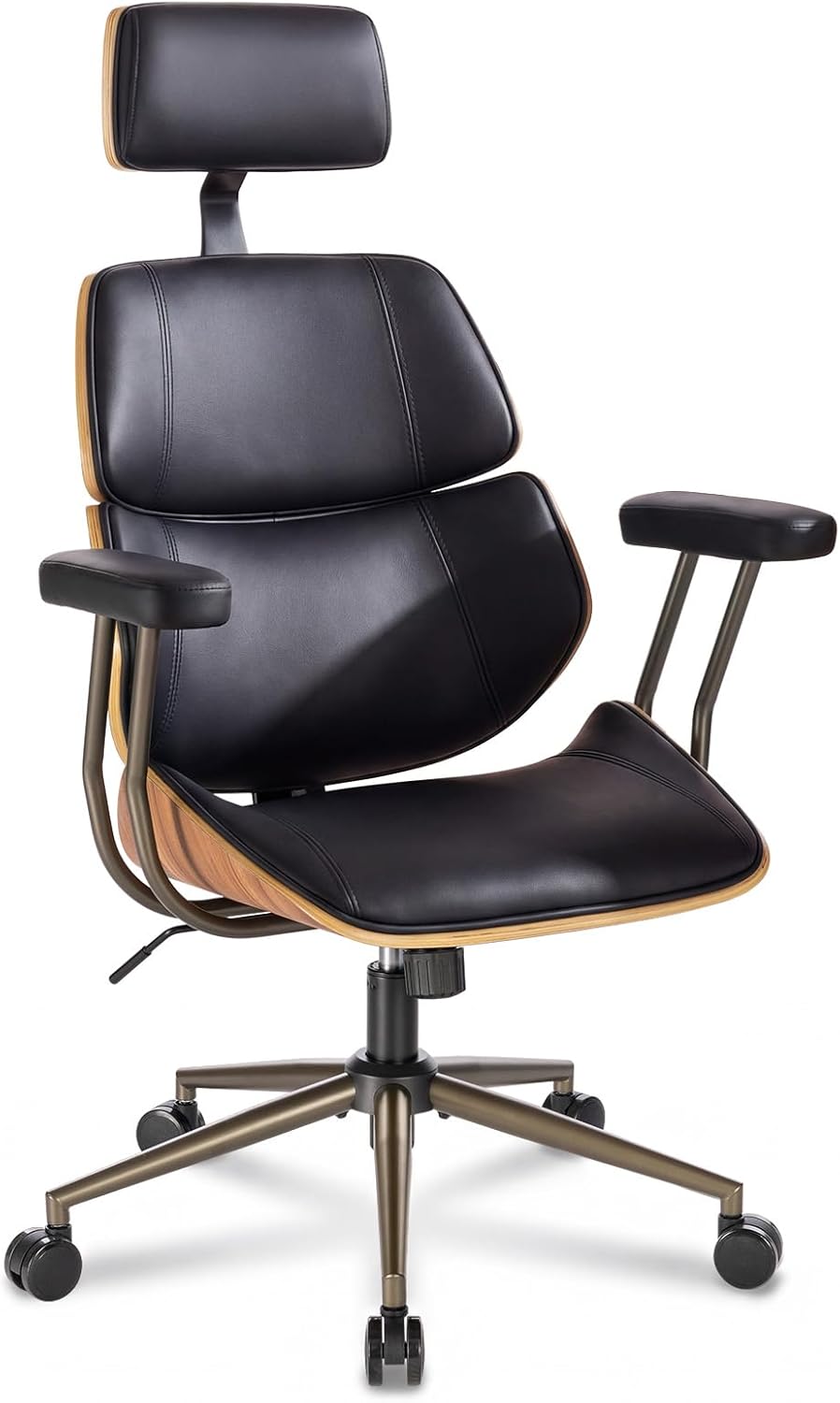 Home Office Desk Chair, High Back Chair with Headrest and Armrests, Modern Curved Walnut Wood Back and Seat, Ergonomic PU Leather Executive Swivel Rolling Chair for Home Office, Study(Black)