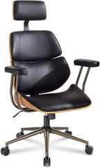 Home Office Desk Chair, High Back Chair with Headrest and Armrests, Modern Curved Walnut Wood Back and Seat, Ergonomic PU Leather Executive Swivel Rolling Chair for Home Office, Study(Black)