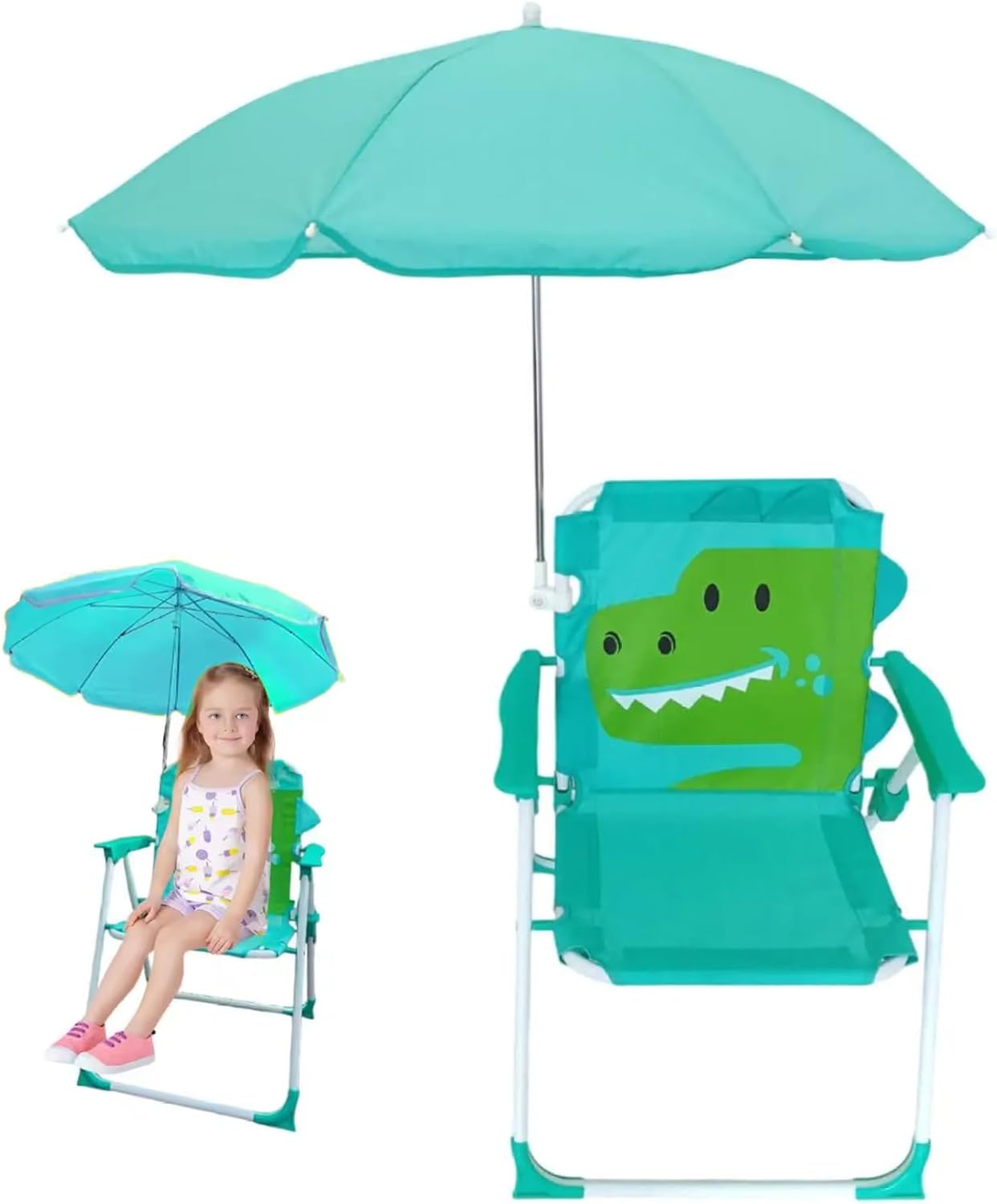 Kids Beach Chair with Umbrella, Foldable & Detachable Portable Cute Animal Pattern Kids Beach Chair with Canopy for Outdoor Summer, Crocodile ·1