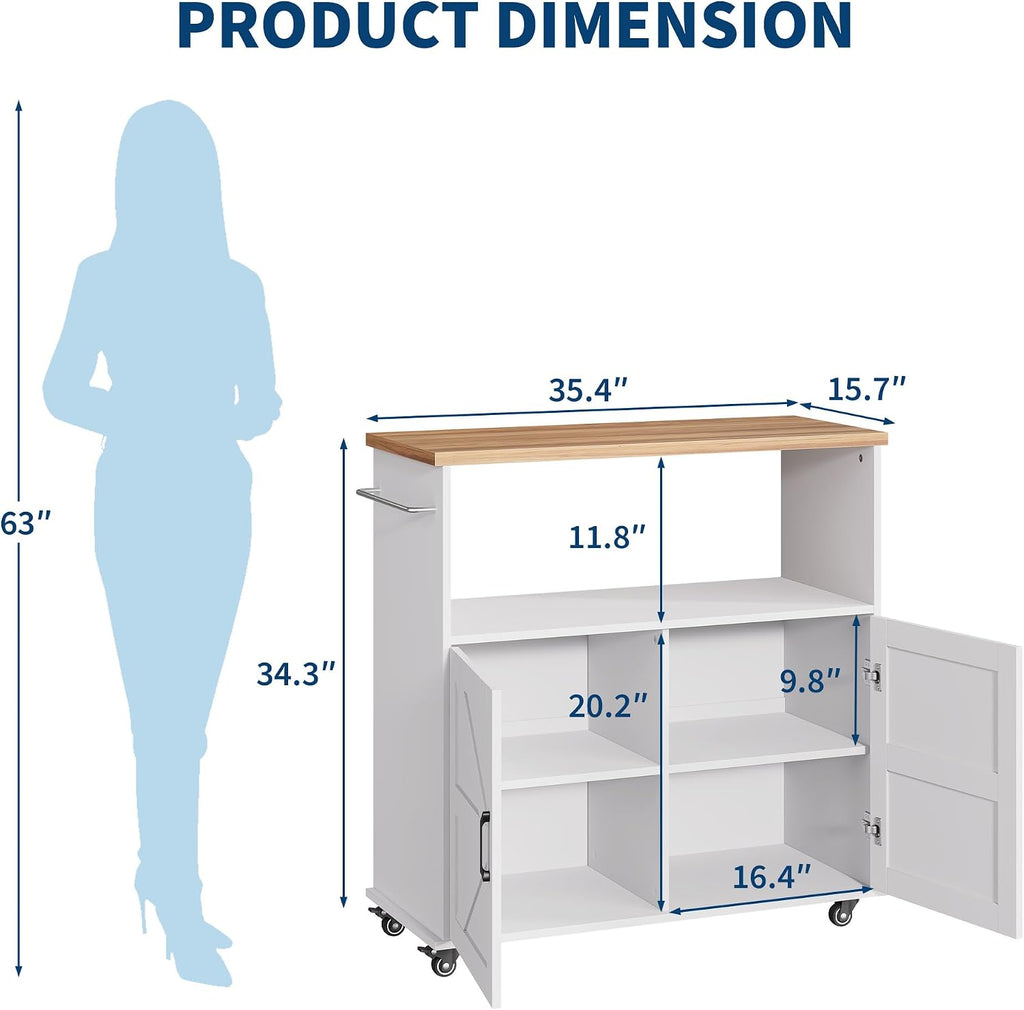 Garvee Rolling Kitchen Island with Storage Cabinet, 40.4'' Width Kitchen Cart, Portable Mobile Kitchen Island with Towel Rack, Wood Top and Lockable Wheels for Kitchen, Dining Room