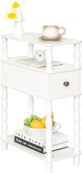 MaxSmeo White Narrow End Table, Small Side Table Living Room, Skinny Bedside Table Nightstand with Drawer for Small Spaces, Bedroom (White)