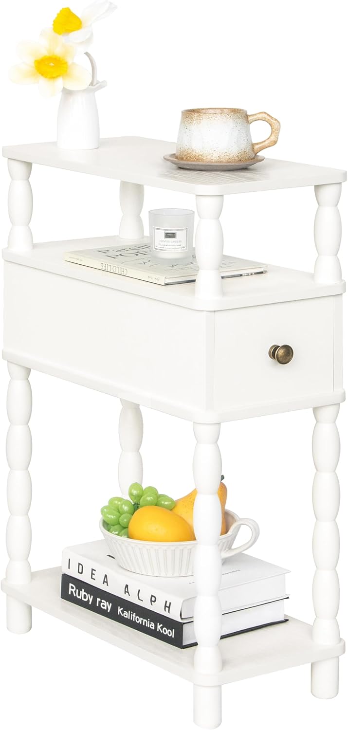MaxSmeo White Narrow End Table, Small Side Table Living Room, Skinny Bedside Table Nightstand with Drawer for Small Spaces, Bedroom (White)