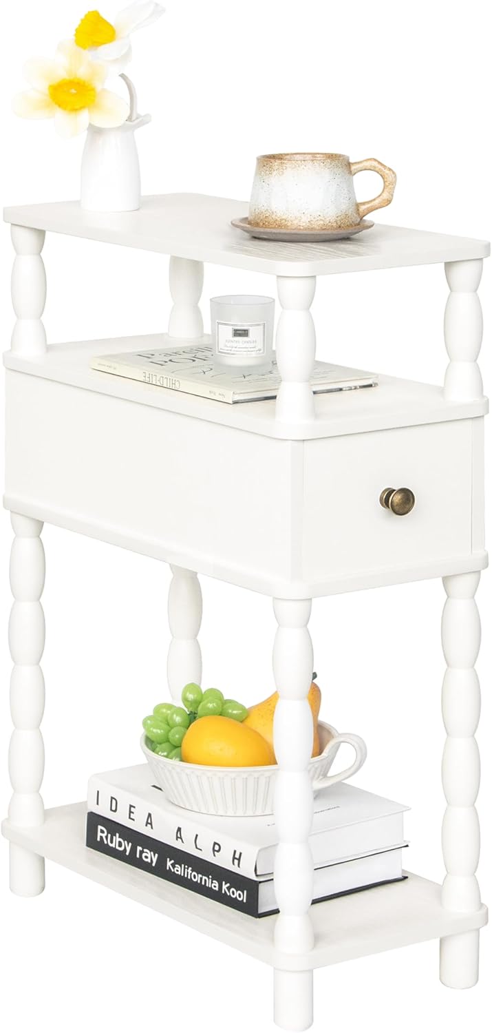 MaxSmeo White Narrow End Table, Small Side Table Living Room, Skinny Bedside Table Nightstand with Drawer for Small Spaces, Bedroom (White)