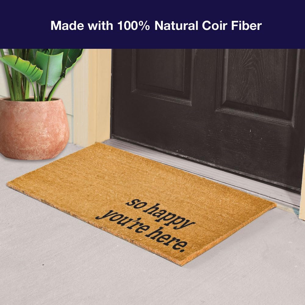 Great American Coco Coir Doormat with Heavy Duty Backing - Large 18" x 30" Non-Slip Minimalist Front Door Welcome Mat - Outside Entrance, Front Porch, Indoor Entry, Brown (Happy You're here)