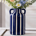 SURE YUESI Blue Ceramic Vase with Handles, Modern Farmhouse Striped Decorative Vase, 9.1" Art Deco Tall Flower Vases for Pampas Grass, Shelf Decor, Dining Table Centerpiece, Living Room Home Decor