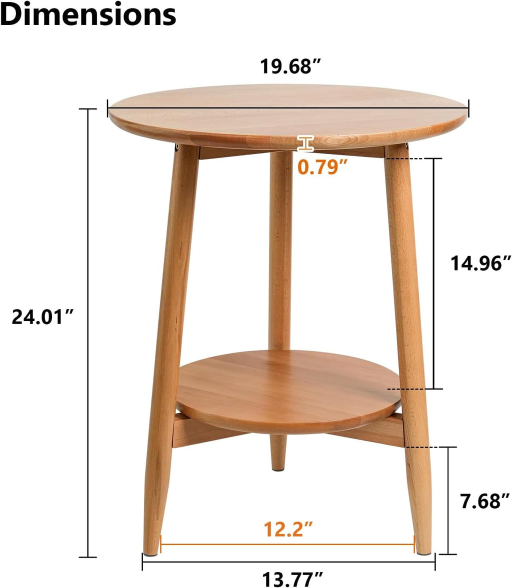 Side Table, Small Round End Table with 2-Tier Shelf, Solid Wood Nightstand for Living Room Bedroom, Mid Century Modern Accent Table for Small Spaces, Natural 19.49" D x 24.02" H