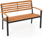Tangkula 43" Outdoor Garden Bench, 2-Person Acacia Wood Bench with Heavy-Duty Metal Frame, Slatted Seat & Curved Armrests, 800 lbs Weight Capacity, Patio Bench for Porch, Yard, Balcony, Lawn