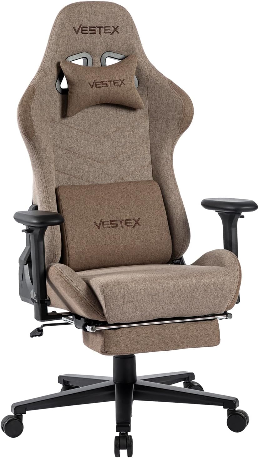 VESTEX VES-S1FTBR S1 Series Gaming Chair with Footrest Brown Fabric Pocket Coil Low Seat Lumbar Support with Vibration Function Back Pocket 3D Wide Arm